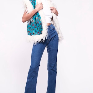 JONI Waistcoat - Afghan Style Bright Blue Embroidered Gilet Fur Trim