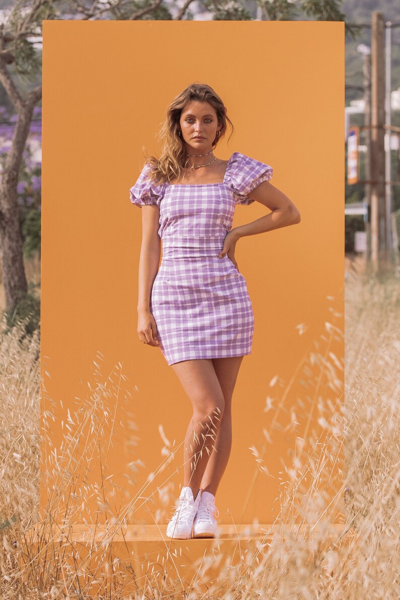 CARLA MINI DRESS Women's Pencil Fit, Lilac Gingham Check image 3