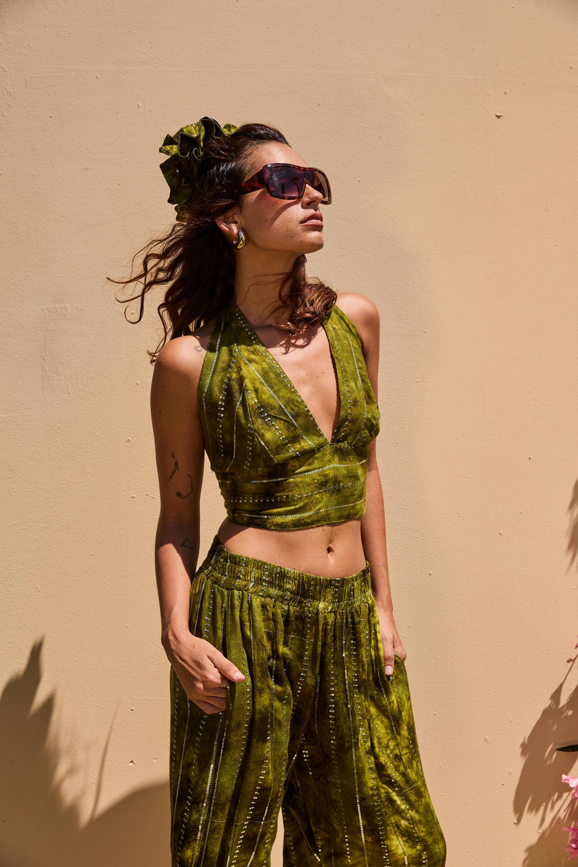 Green Tiedye ES VEDRA Lounge Set: Halter Crop Top With Adjustable