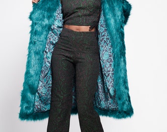 BUFFY Faux Fur Coat - Teal Full Length Plush Blue Green Fur