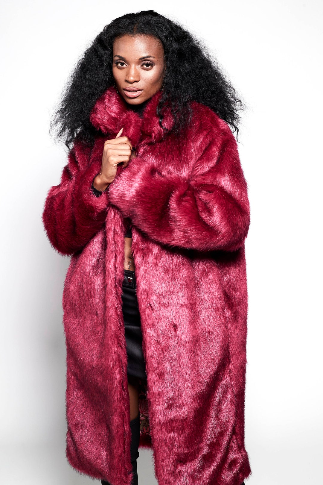BUFFY Faux Fur Coat Ruby Red Full Length Plush Burgundy Fur Etsy