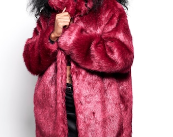 BUFFY Faux Fur Coat - Ruby Red Full Length Plush Burgundy Fur