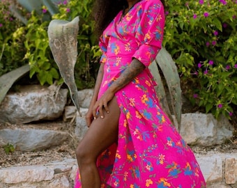 GABRIELA WRAP DRESS - Hot Pink Floral Print Long Summer Dress