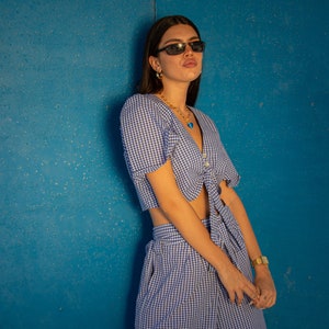 ARI Cropped Tie Blouse Blue Gingham Check image 2