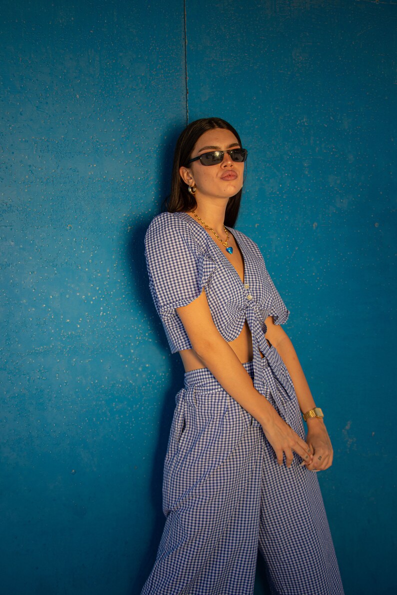 ARI Cropped Tie Blouse Blue Gingham Check image 2