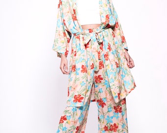 FORTY WINKS Tropical Peach Kimono & Wide Leg Pant Twinset