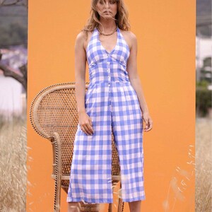 BAMBI blauwe Y2K-jumpsuit met haltertop en gingham-ruit