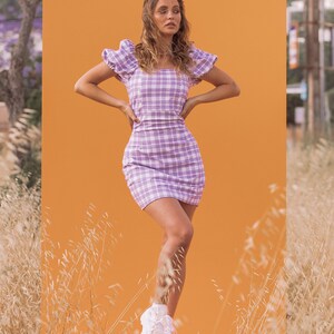 CARLA MINI DRESS Women's Pencil Fit, Lilac Gingham Check image 1