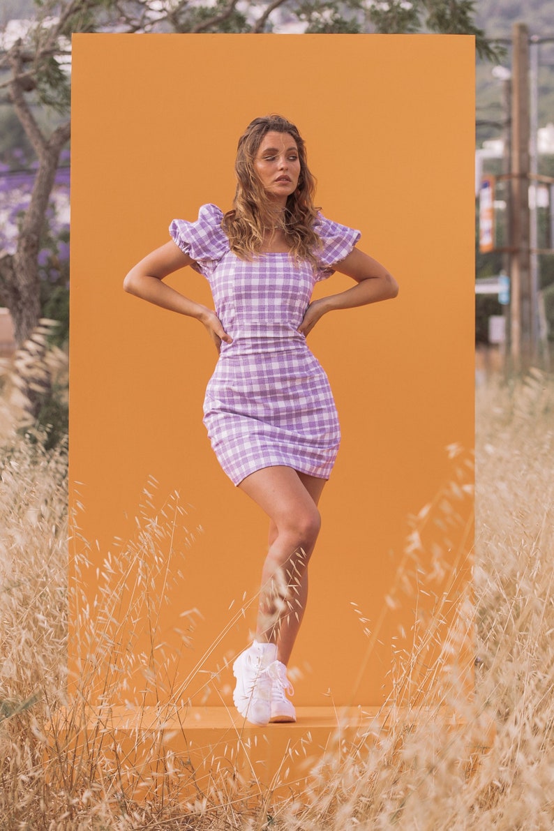 CARLA MINI DRESS Women's Pencil Fit, Lilac Gingham Check image 1