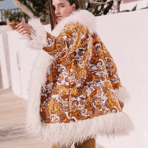 JEAN Afghan Coat - Penny Lane Brown & Orange Paisley with Cream Faux Fur