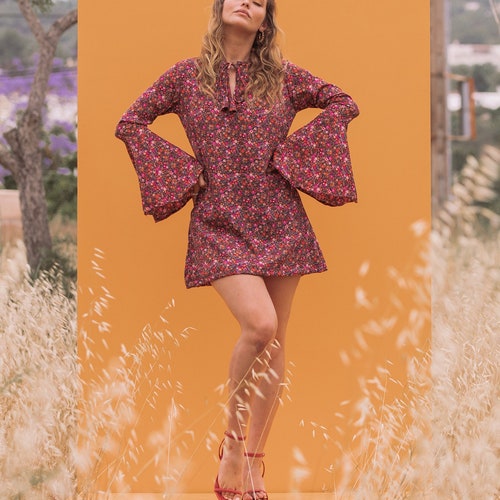 ALETA Bell Sleeve 70s Mini Dress 