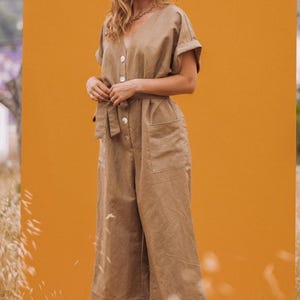 LORI Linen Khaki Green Button front Jumpsuit