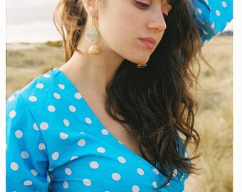 PEBBLE WRAP TOP - Bright Blue Polka Dot Bell Sleeve Top