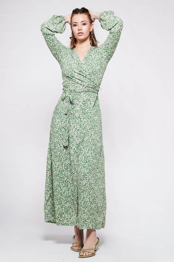 KALANI green floral wrap dress S