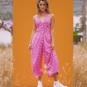 BAMBI HALTERNECK JUMPSUIT- Women&#39;s Wide Leg Pink and White Polkadot Playsuit