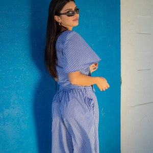 ARI Cropped Tie Blouse Blue Gingham Check image 5