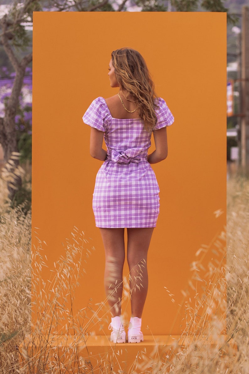 CARLA MINI DRESS Women's Pencil Fit, Lilac Gingham Check image 5