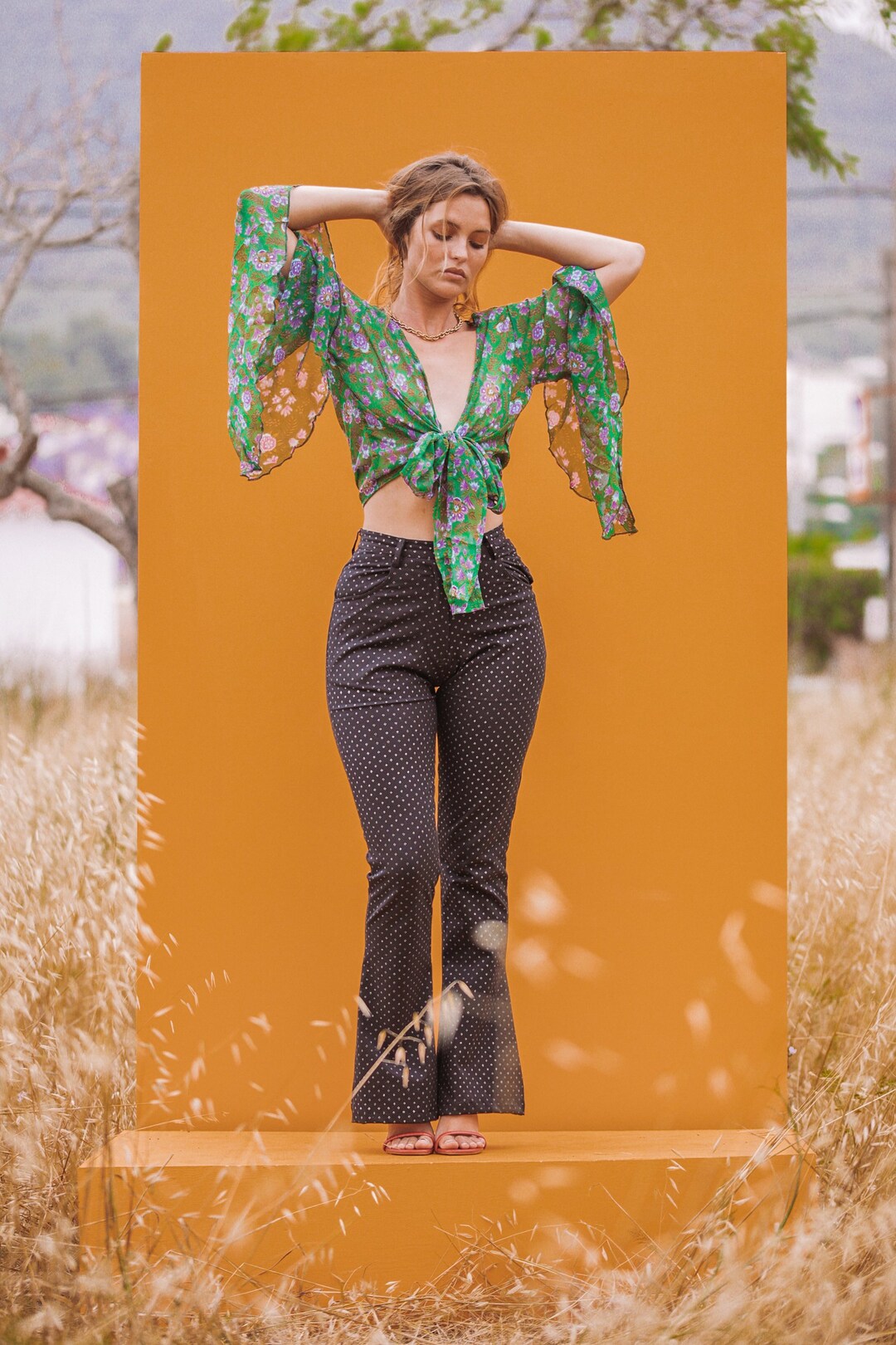 BELL SLEEVE KIMONO Top // Green Kimono Bell Sleeve Retro Top // 60's 70's Hippie Style Floral