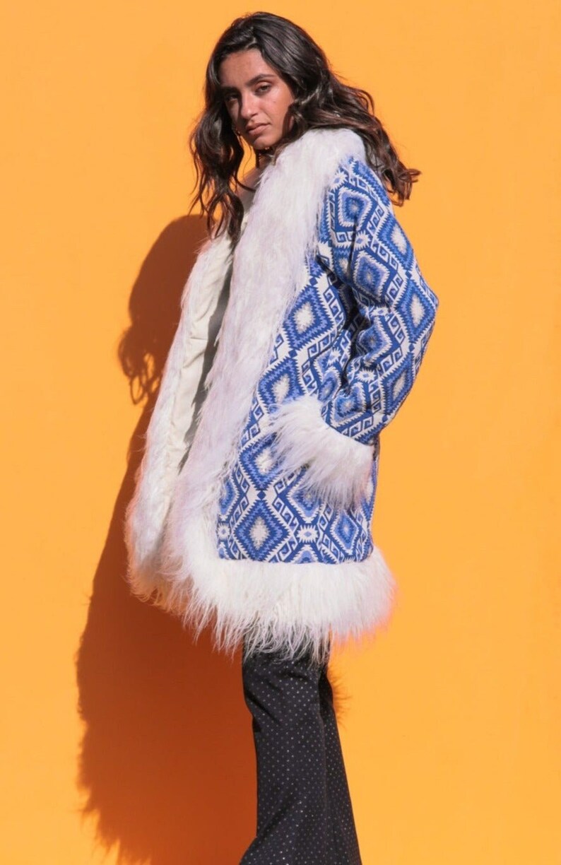 THE ZAFI  Afghan Coat Penny Lane Coat // Royal Blue Geometric Embroidery Cream Faux Fur // Hippie Coat 