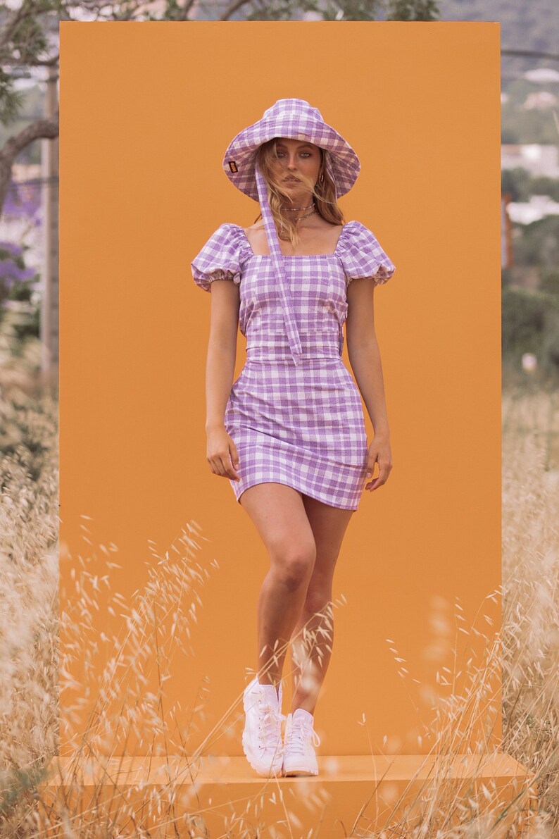 CARLA MINI DRESS Women's Pencil Fit, Lilac Gingham Check image 6