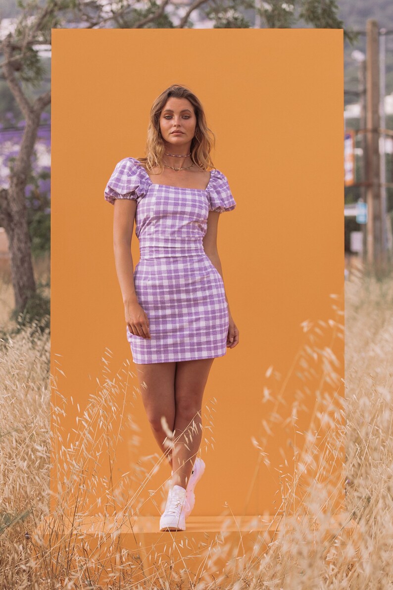 CARLA MINI DRESS Women's Pencil Fit, Lilac Gingham Check image 4