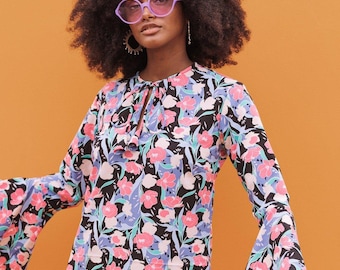 ALETA MINI DRESS - Women's Bell Sleeve 70s Floral Dress