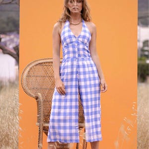 BAMBI Blue Gingham Halter Top Y2K Jumpsuit