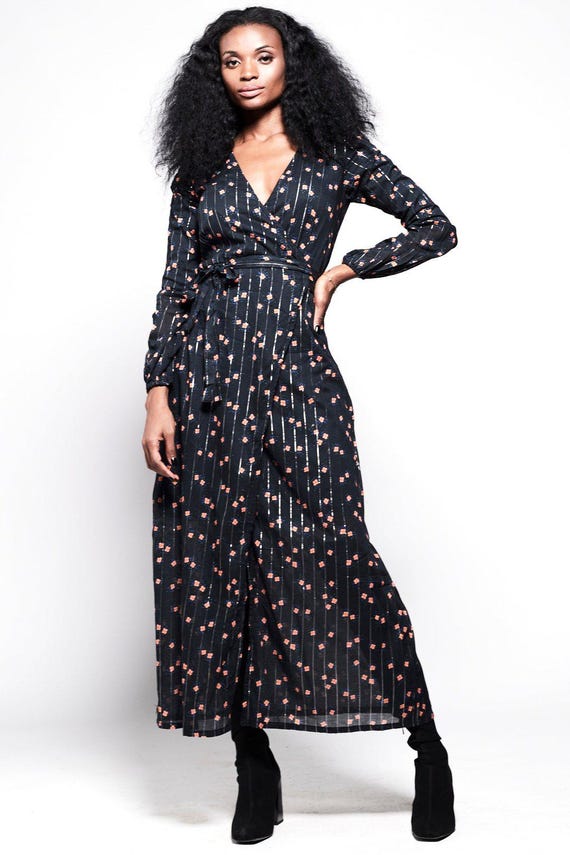 KALANI Wrap Dress - Black With Peachy Orange Floral Print - Etsy