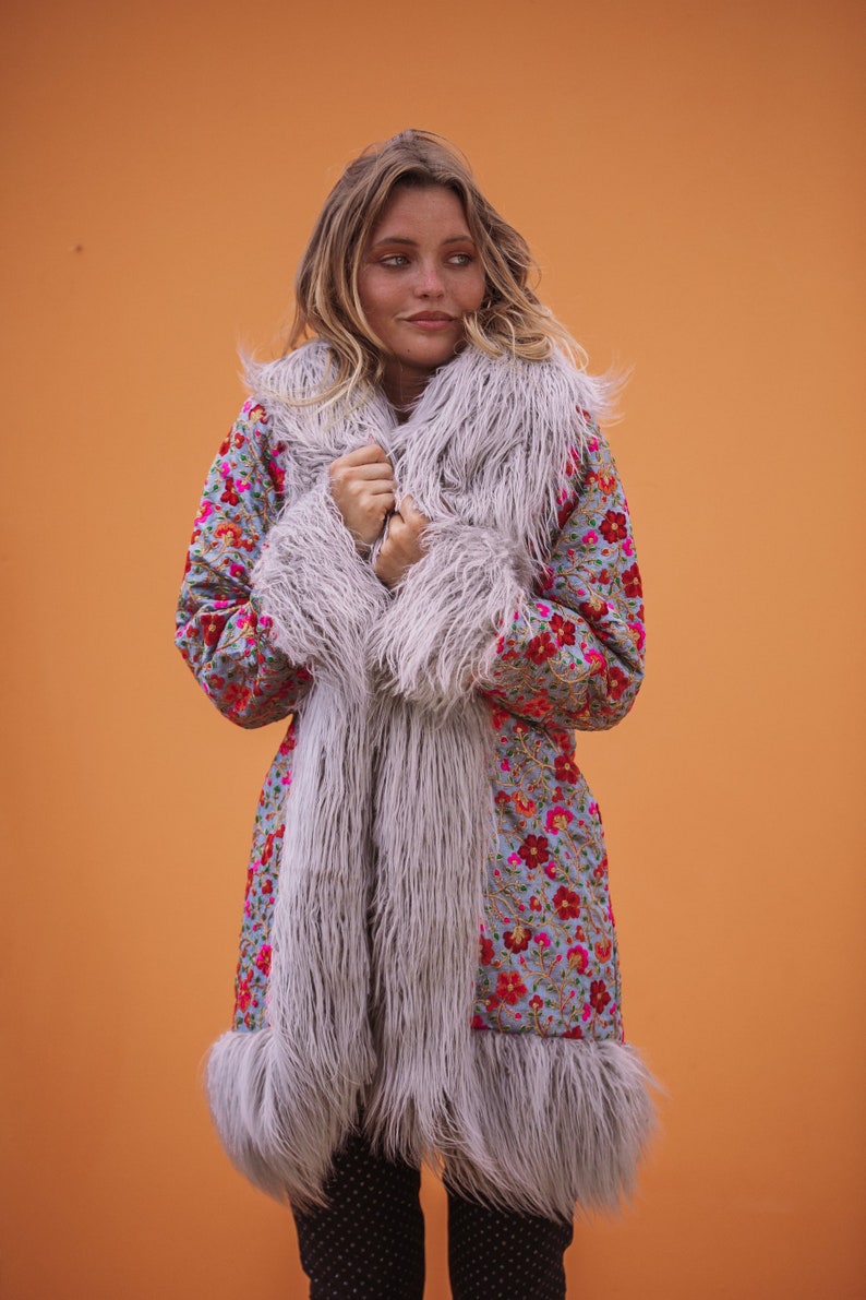 BELLA Afghan Coat - Penny Lane Grey + Floral Pink and Red Embroidery & Grey Faux Fur 