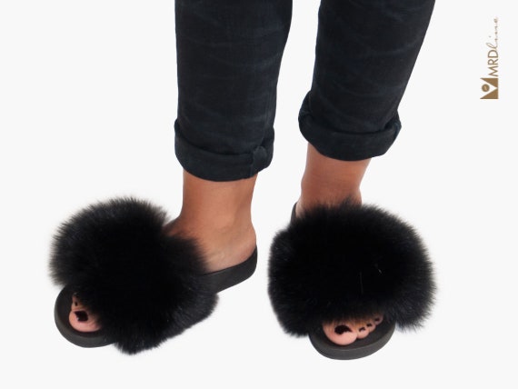 Black Fur Slides, Fur Slides for Women, Fox Fur slides.Real Fox Fur Slides, Furry Fur Slipper, Fluffy Casual Slides for Women, Gift for Her