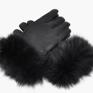 Handgefertigte schwarze Schaffell Handschuhe mit Fuchspelz. Winterhandschuhe. Unisex. Weich warm und atmungsaktiv.