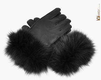 Gants en peau de mouton noir faits à la main avec fourrure de renard. Gants d'hiver. Unisexe. Doux, chaud et respirant.