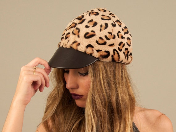 Leopard Rabbit Fur and Leather Hat. Brown Fur Hat. Real Fur  display picture 1