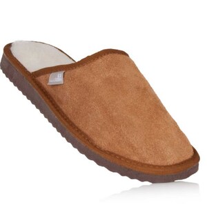 May include: Brown suede slippers with a white fleece lining. The slippers have a brown rubber sole.