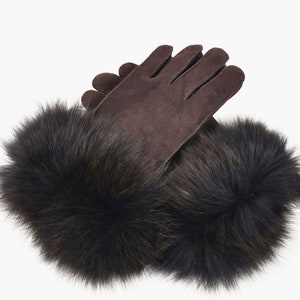 Handmade brown sheepskin gloves with fox fur. Unisex. Winter gloves. Warm gloves. Soft, warm and breathable. Gift for him. Gift for her.