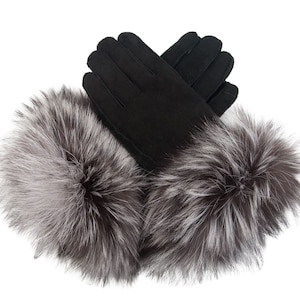 Sheepskin Suede Gloves with Silver Fox Fur Cuffs. Winter gloves. Unisex. Soft warm and breathable.