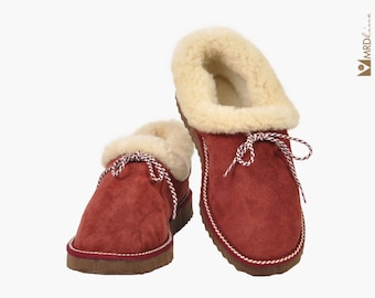 Bordeaux fur boots slippers. Sheepskin slippers. Shearling slippers. Leather slippers. Sheepskin, suede leather, merinos wool. EVA sole.