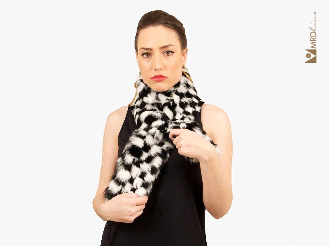 Black with Brown Stripe and Boxes Rex Rabbit Fur Scarf with Pleated Ends -  A.J. Ugent Furs %
