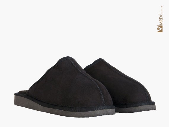 tobacco slipper Men's Tobacco and Black Double Face Sheepskin Slippers, Real Sheepskin.  Real Fur Slippers. Elegant, Warm and Comfortable. Gift for Him
