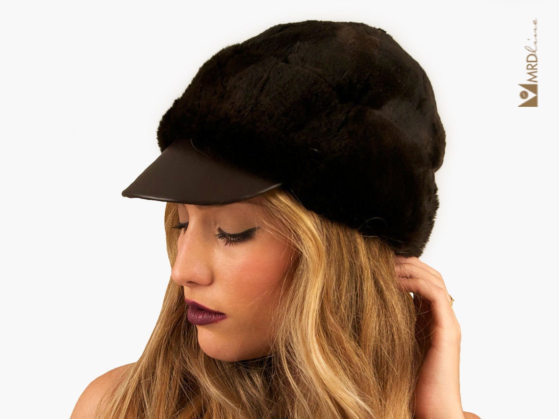Brown Rabbit Fur and Leather Hat. Real 