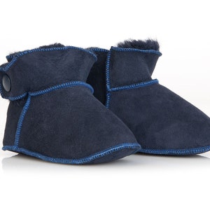 Handmade tobacco ankle boots fur slippers for babies. Genuine sheepskin. Soft, warm and comfortable Blue