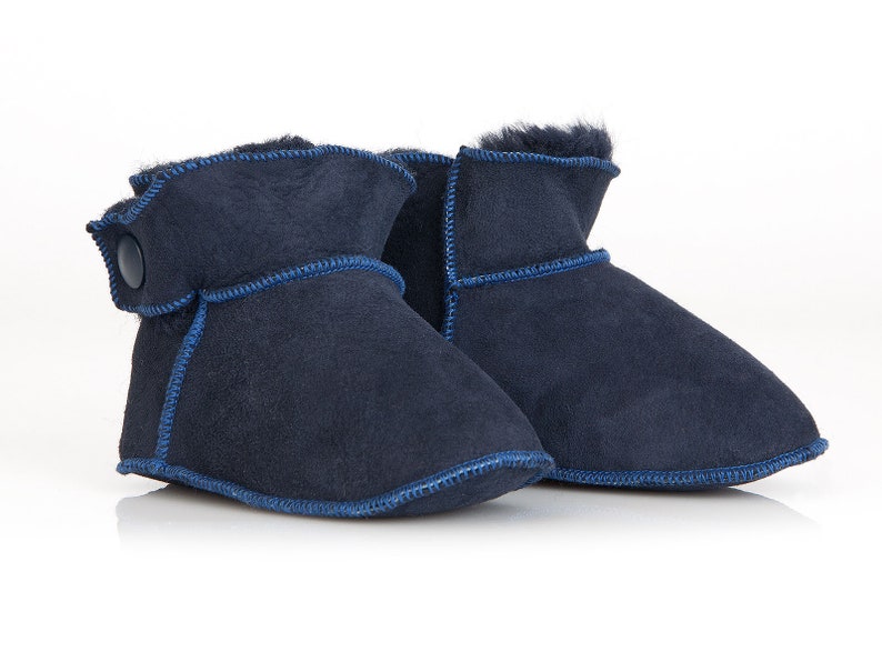 Handmade tobacco ankle boots fur slippers for babies. Genuine sheepskin. Soft, warm and comfortable Blue