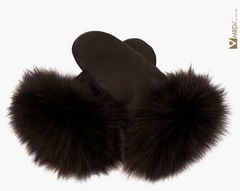 Handmade brown sheepskin mittens with fox fur. Unisex. Soft warm and breathable. Gift for her. Gift for him.
