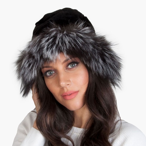 Women's mink fur hat with silver fox cuff. Cloche fur hat. Warm fur hat for winter. Winter hat. Skull fur cap. Fur beanie. Gift for her.