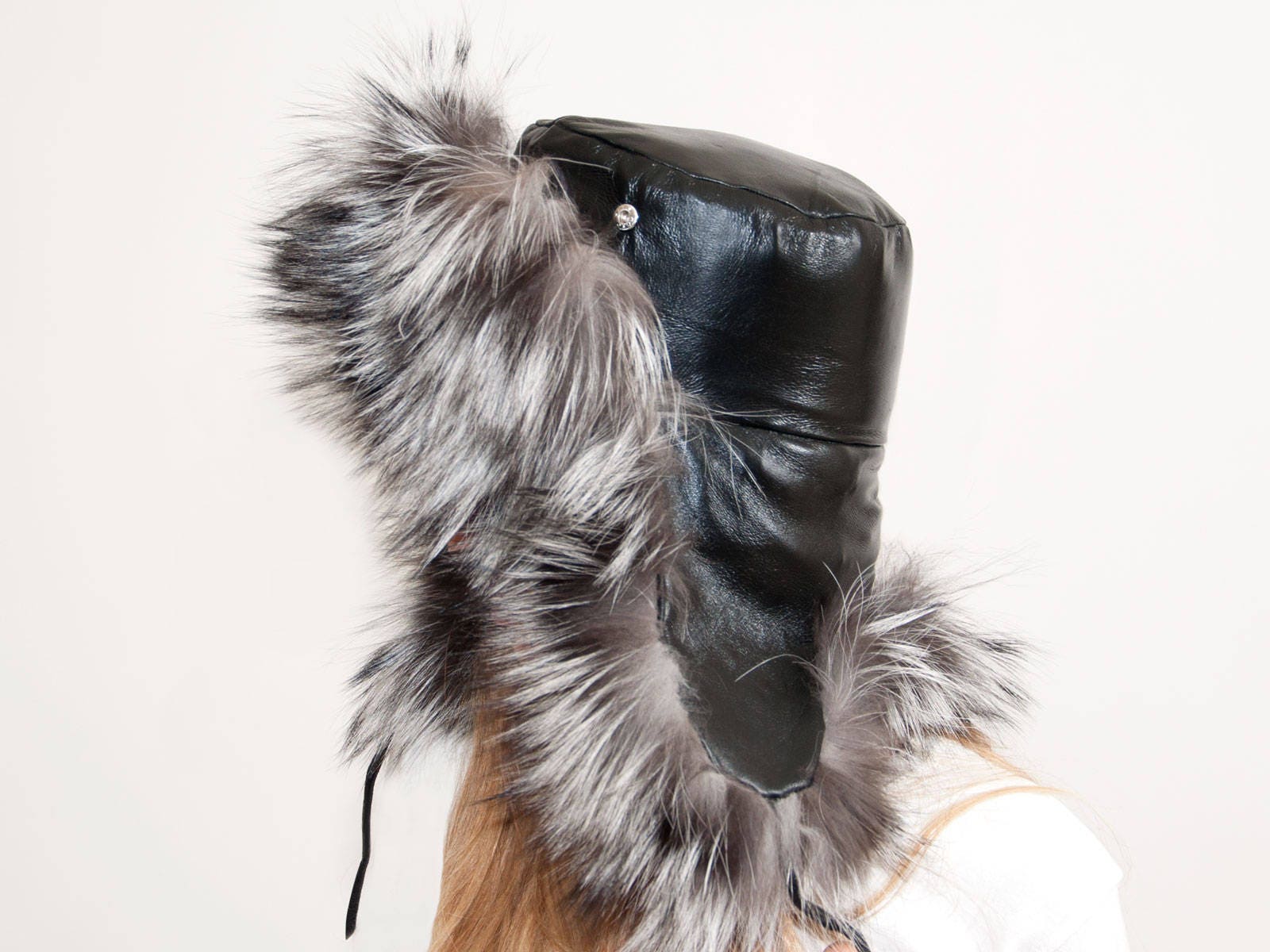 Silver Fox Fur & Sheepskin Leather Russian Hat. Russian Fur  display picture 3