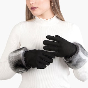 Schaffell Wildleder Handschuhe mit Fuchspelz Manschetten. Winterhandschuhe. Unisex. Weich warm und atmungsaktiv. Geschenk für sie.