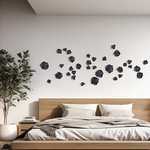 Set of 34 3D MINI + MICRO tiles, black porcelain oversize wall art sculptures porcelain with gold details, a minimal contemporary wall art