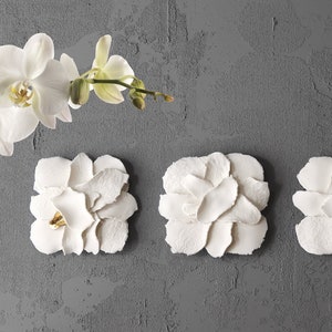 Set of 3 3D tiles, porcelain wall art, porcelain flower, home decor, ceramic sculpture, ceramic wall art, wall sculptures, gold copper foil