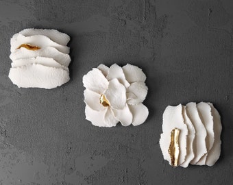 Set of 3 3D tiles, porcelain wall art, porcelain sculptures, home decor, ceramic sculpture, ceramic wall art, wall sculptures, gold foil