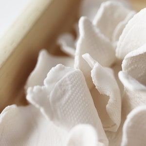 May include: Close-up of white, delicate, and slightly translucent rice paper, arranged in a wooden bowl. The paper is soft and textured, with a slightly crinkled appearance.